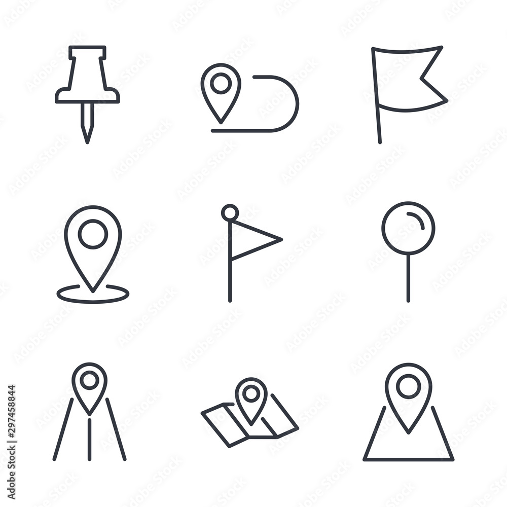 Poster Map pins related vector icon set sign isolated on white background. Pin Map, Office Location and more symbol vector illustration for graphic and web design. 