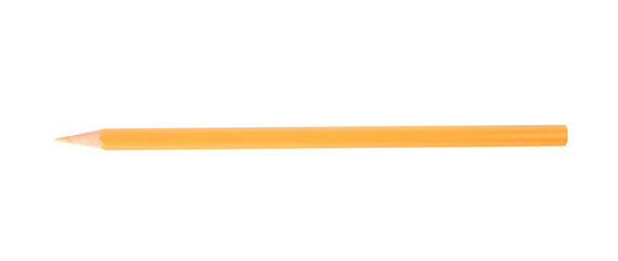 Apricot wooden pencil on white background, top view. School stationery
