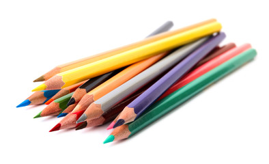 Different color pencils on white background. School stationery