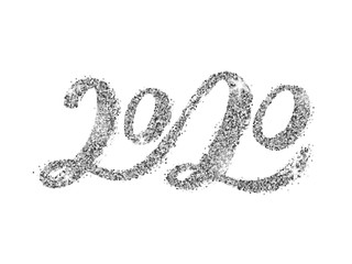 Vector Handwritten lettering 2020 with silver glitter texture.