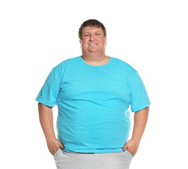 Portrait of overweight man posing on white background