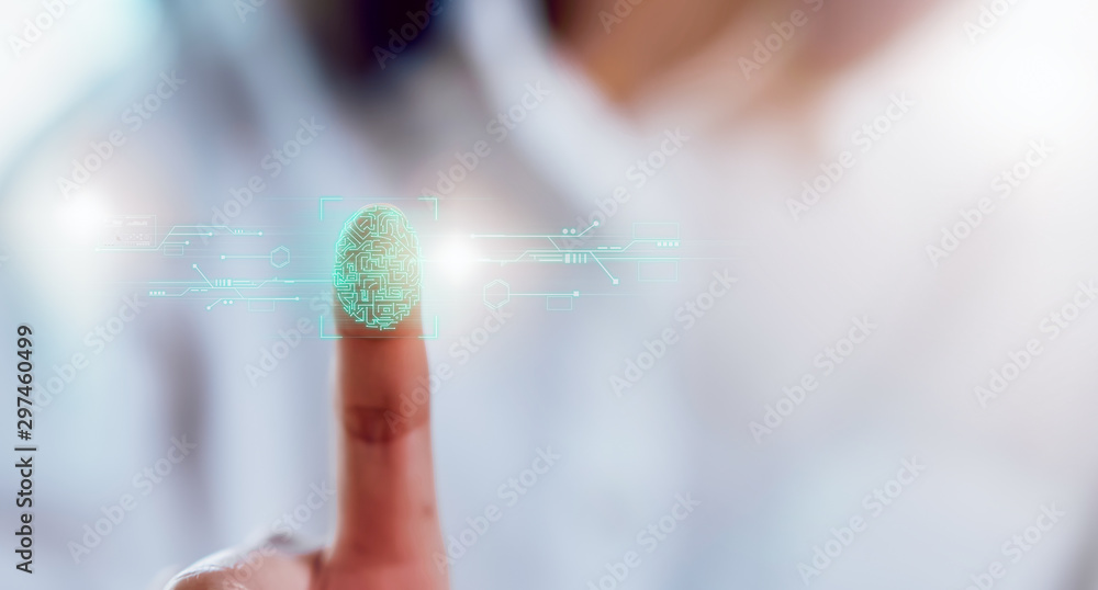Poster close-up of hands scanning fingerprint on screen to unlock on light, concept security in identity te