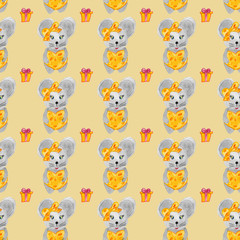 seamless pattern mouse with cheese new year symbol and gift in yellow tone