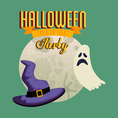 poster of party halloween with ghost and hat witch vector illustration design