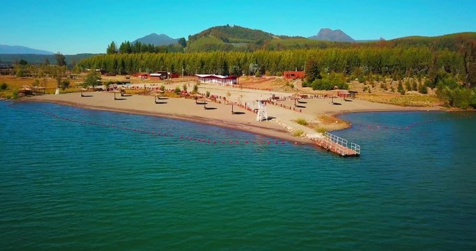 Aerial view  beach lake in front of beautiful mountains