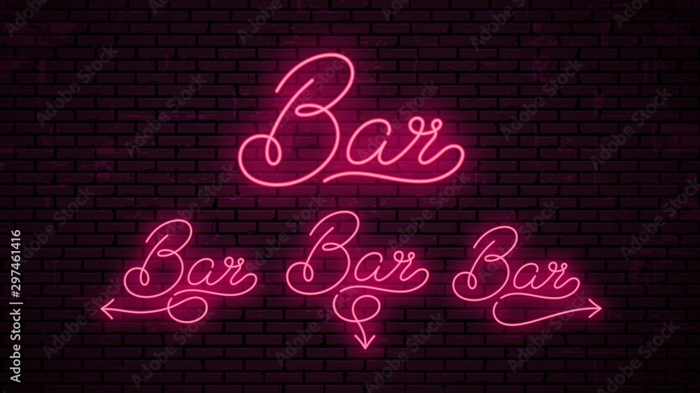 Poster bar - ready inscriptions template for neon signboard. vector glowing text on wall background. letter
