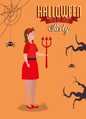 poster of party halloween with woman disguised of devil vector illustration design