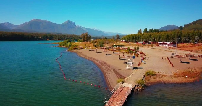 Aerial view  beach lake in front of beautiful mountains