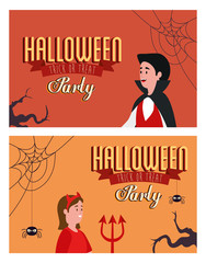 poster of party halloween with people disguised vector illustration design