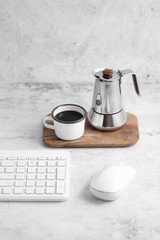 Coffee in cup and computer on rustic table with a blank space for a text, Espresso in cup on white background