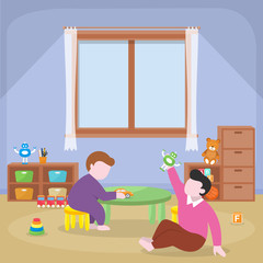 Kids Children Learning by Playing Education Toys Kindergarten Flat Illustration