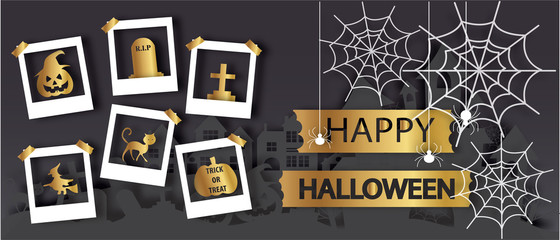 Happy Halloween banner with pumpkins spiders and castle in paper cut style. Vector illustration. 