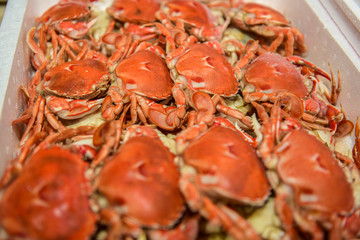 Seafood on the market, fresh crabs and prawns