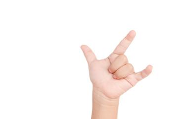 Kid hand doing love or horn in rock and roll sign gesture