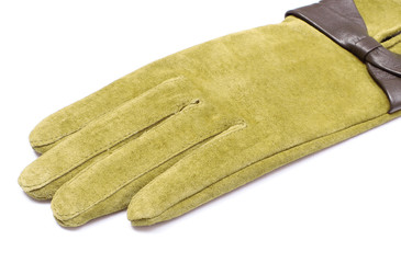 Leather suede gloves for woman. White background