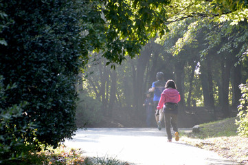 朝靄の公園をジョギングする人や散歩する人がいる風景