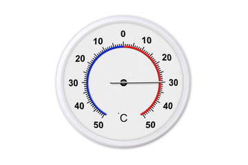 Celsius scale thermometer for measuring weather temperature.  Thermometer isolated on white background. Ambient temperature plus 30 degrees