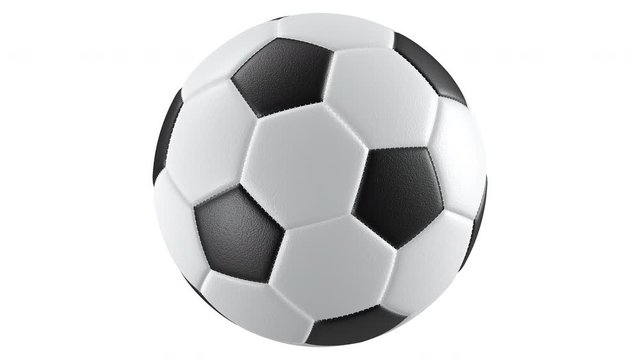 Looping realistic UHD animation of the spinning textured soccer ball, alpha matte is included