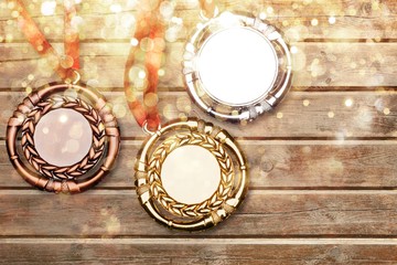 Gold, silver and bronze medals with ribbons
