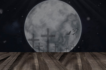 Halloween background. wooden table. and Full moon night.