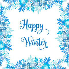 Template of card hello winter, with texture art of blue leaf floral frame. Vector