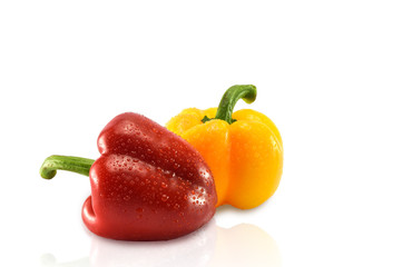 Closeup  fresh  Red, Yellow, Green, bell pepper or sweet pepper or capsicum  isolate have drop of water on  white background,raw food ingredient concept.