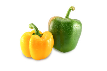 Closeup  fresh  Red, Yellow, Green, bell pepper or sweet pepper or capsicum  isolate have drop of water on  white background with clipping path ,raw food ingredient concept.