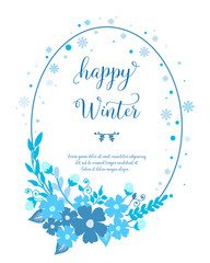 Plant of blue flower frame and leaves, for elegant banner happy winter. Vector