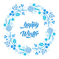 Design vintage for card happy winter, with sketch of blue leaf flower frame beautiful. Vector