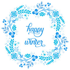 Template happy winter, with decorative pattern of blue leaf flower frame. Vector
