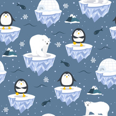 Christmas seamless pattern with penguin on ice floe background, Winter pattern with polar bear, wrapping paper, pattern fills, winter greetings, web page background, Christmas and New Year greeting