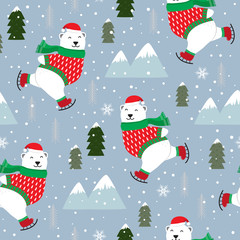 Christmas seamless pattern with polar bear ice skate background, Winter pattern with white bear ice skate, wrapping paper, pattern fills, winter greetings, web page background, Christmas