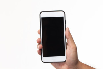 Hand holding white smartphone with Blank black screen isolated on white background.