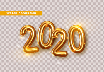Happy New Year 2020. Golden metal numbers. Realistic 3d render signs. Luminous bright splash of gold bokeh lights. Isolated on transparent background. Easy to edit for 2022