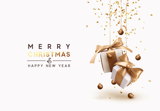 Merry Christmas And Happy New Year. Background With Realistic Festive Gifts Box. Xmas Present. White Boxes With Beige Ribbon Gift Surprise, Golden Christmas Baubles, Balls, Glitter Gold Confetti.