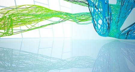 Abstract wire smooth architectural white interior with color gradient and black  with large windows. 3D illustration and rendering.