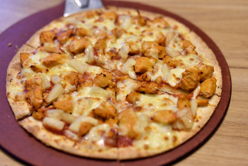 Hawaiian pizza on tray, Italian cuisine