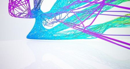 Abstract wire smooth architectural white interior with color gradient and black  with large windows. 3D illustration and rendering.