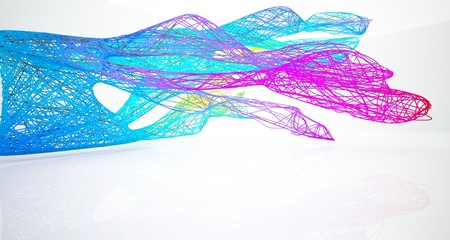 Abstract wire smooth architectural white interior with color gradient and black  with large windows. 3D illustration and rendering.