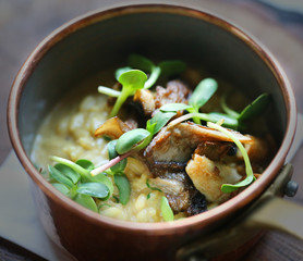 Photo macro delicious risotto with mushrooms