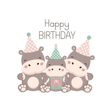 Happy birthday card with cute hippopotamus cartoon.