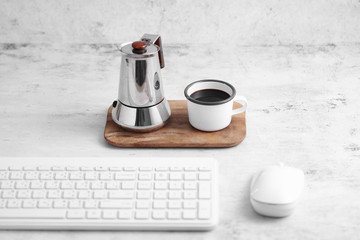 Coffee in cup and computer on rustic table with a blank space for a text, Espresso in cup on white background