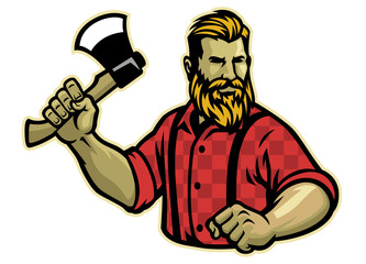 lumberjack mascot pose with axe