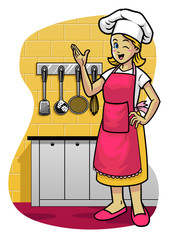 happy women wearing apron in the kitchen
