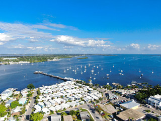 Aerial view of Anna Maria Island town and beaches, barrier island on Florida Gulf Coast. Manatee...