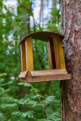 Birdhouse on a tree in the park in summer, birdhouse handmade for birds.