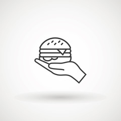 Open hand with hamburger glyph icon. Silhouette symbol. Cheeseburger for free. Vector isolated illustration
