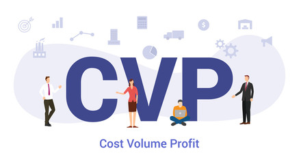 cvp cost volume profit concept with big word or text and team people with modern flat style - vector
