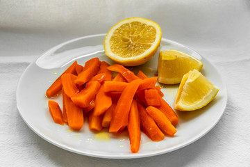 Italian Cuisine Boiled Vegetables Broccoli Boiled Carrots Boiled Lemon Pictures Still Life