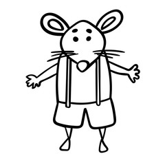 Little rodent boy, symbol 2020. Braces and shorts. Coloring page, Coloring book. Contour.